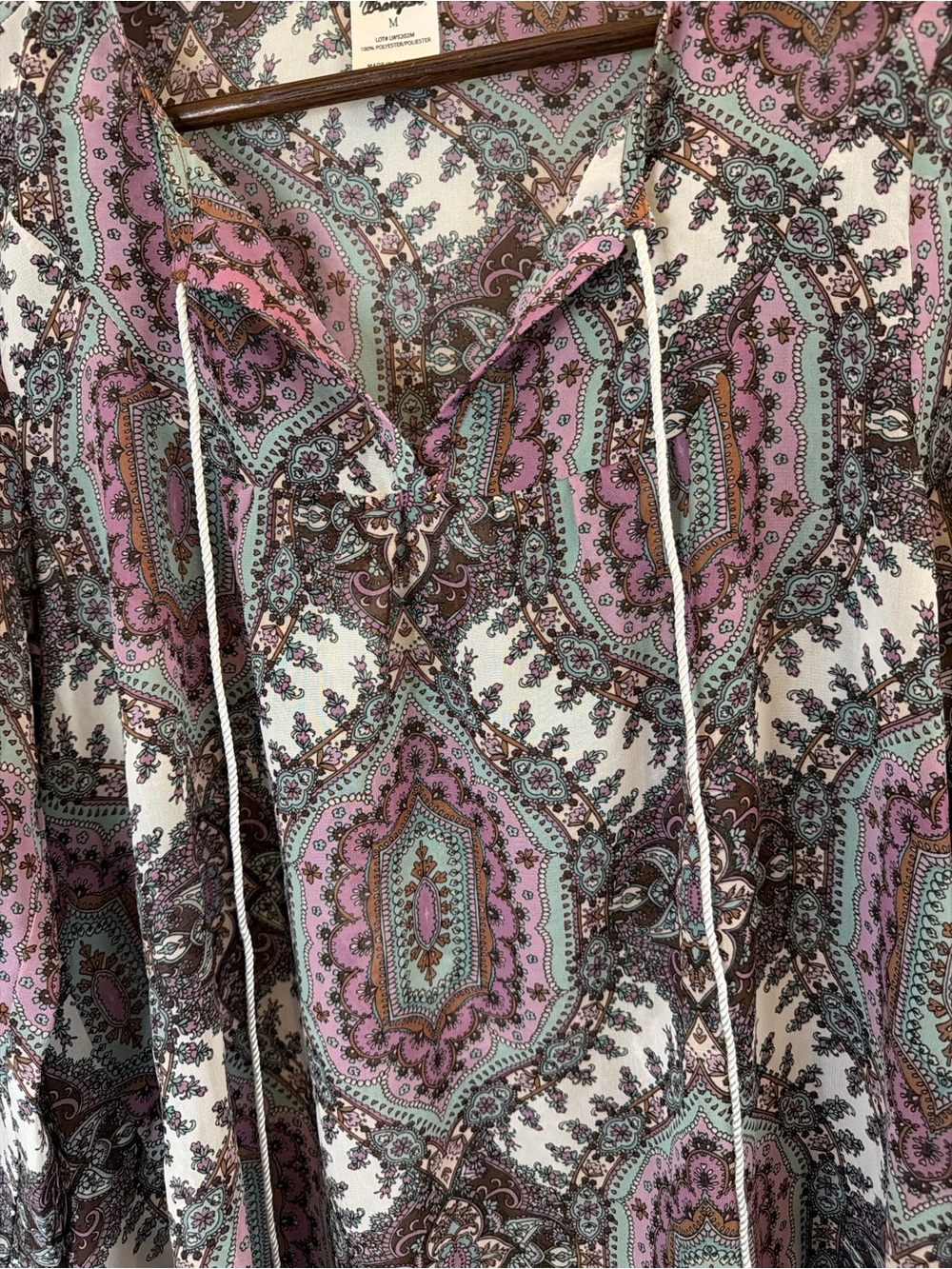Wrangler Paisley Peasant Blouse Medium Boho Western Tie Neck Long Sleeve - Picture 5 of 12